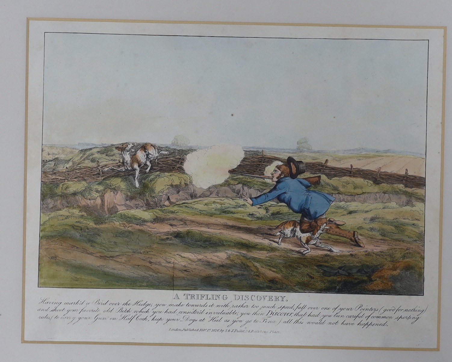 S & J Fuller Publ. 1816, a set of six coloured engravings, 'A Curious Discovery' and other shooting incidents, 21 x 28cm